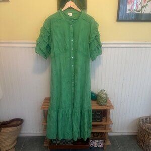 Wrap London Green Embroidered Button-Down Midi Dress UK 18 / US 14  100% Cotton